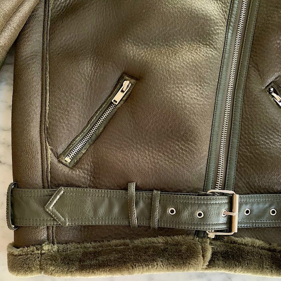 Forever 21 moss green faux suede|fur oversized aviator jacket size Small - Picture 4 of 13